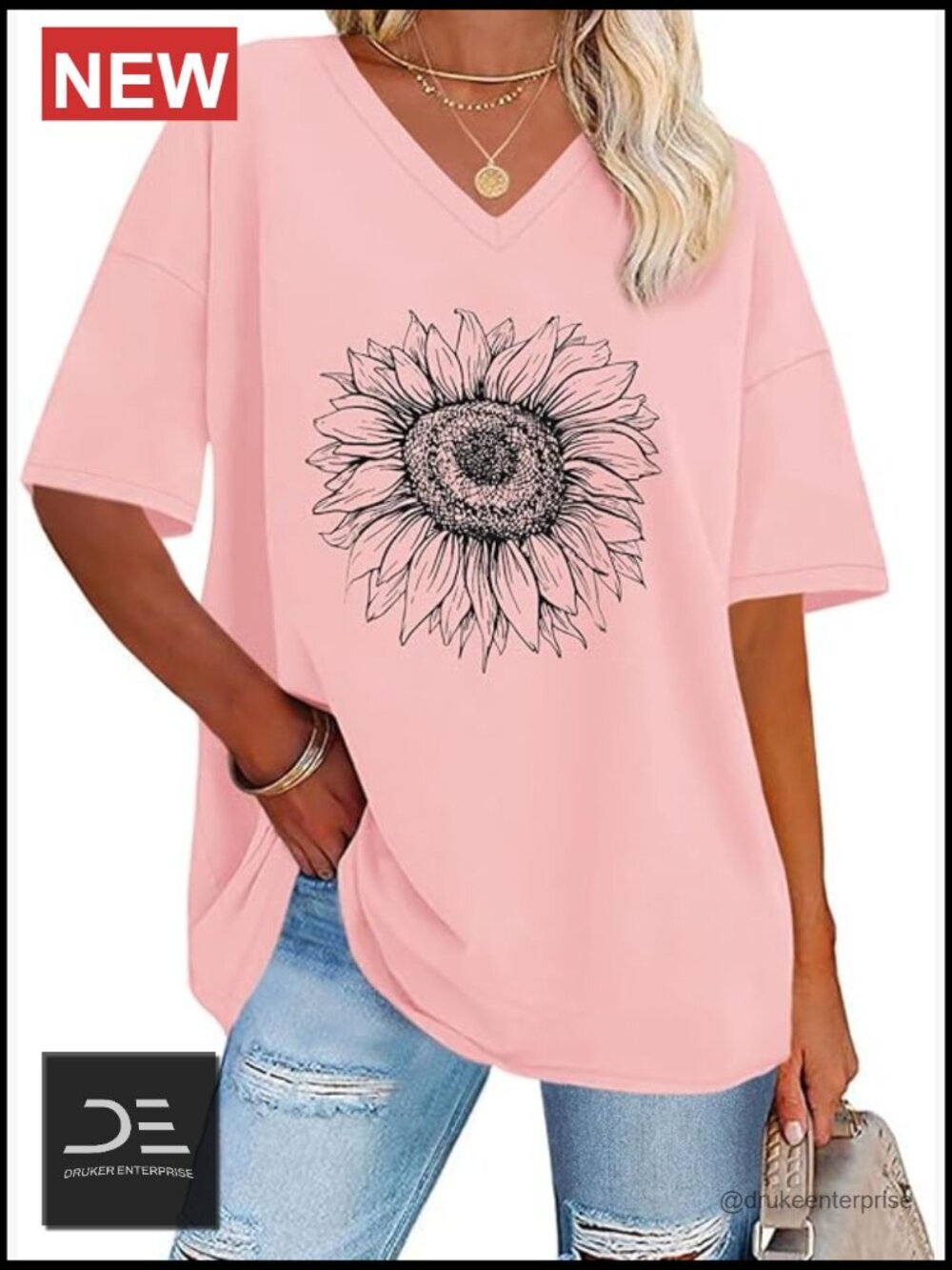 Oversized V-Neck Short Sleeve Graphic T-Shirt Soft Loose Fit Casual Tee